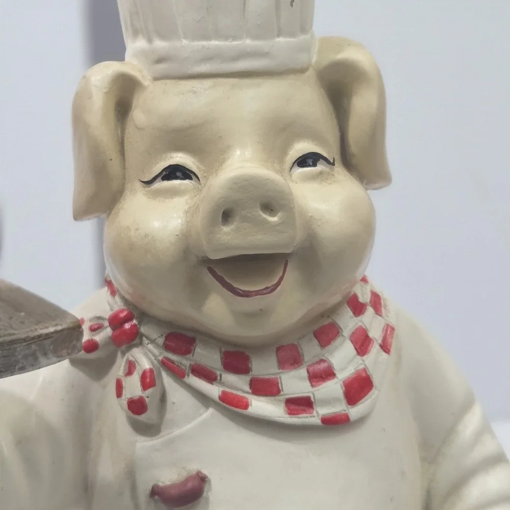 Pig Chef Statue Resin Butcher Sausage Appetizer Fork Knife Set Bucket 14 Inch